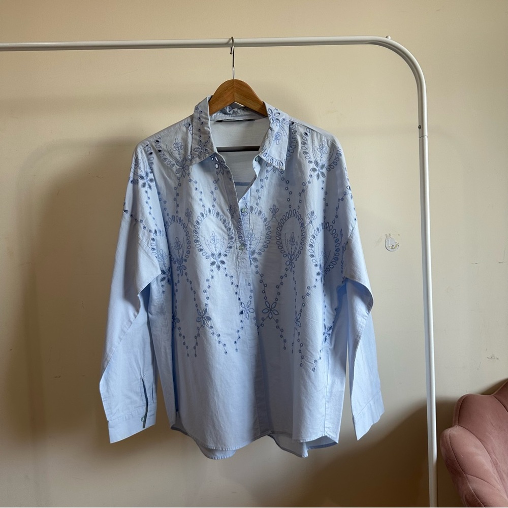 Zara | Light Blue Embroidered Button Down Shirt | Size L